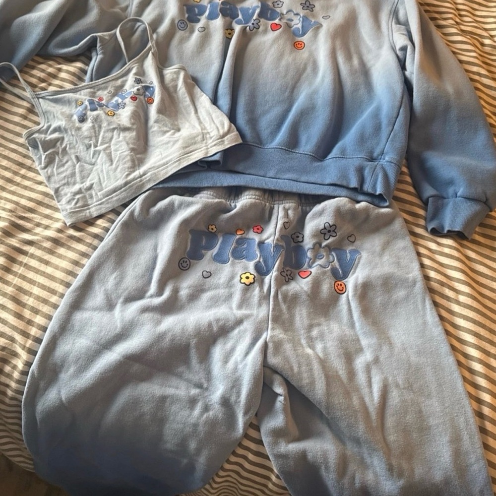 PLAYBOY Floral Embroidered Light Blue Loungewear Set